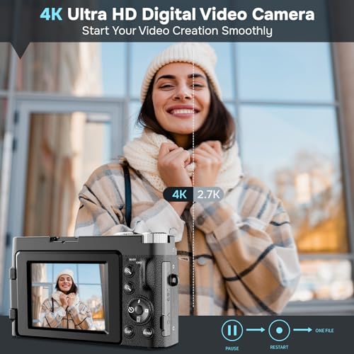 4K Digital Camera for Photography Autofocus, Upgraded 48MP Vlogging Camera for YouTube with SD Card, 3" 180 Flip Screen Compact Travel Camera with 16X Digital Zoom, Flash, Anti-Shake, 2 Batteries