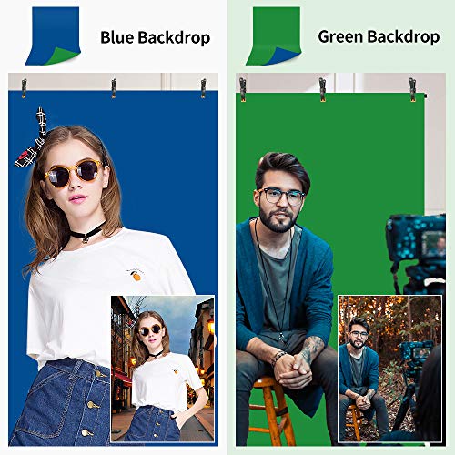 Green Blue Backdrop with Stand Kit 5 x 6.5 Ft, Double-sided Reversible Green Blue Screen with Portable T-Shaped Photograph Background Stand,5 Backdrop Clips for Video,TikTok,YouTube,Zoom,Gaming